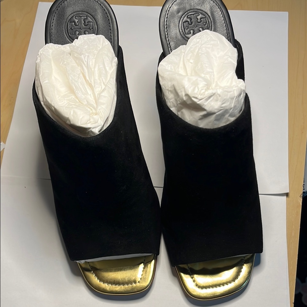 Tory Burch Black and Gold Mules